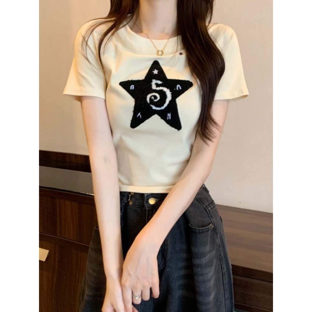 Suhao American Retro Bahu Depan Coklat Lengan Pendek T-shirt Wanita Musim Panas Desain Rasa Niche Chic Slim Fit Ketat Atasan Pendek Kaos Import Wanita Kaos Wanita Gaya Korea Lengan Pendek Kaos Pendek Perempuan