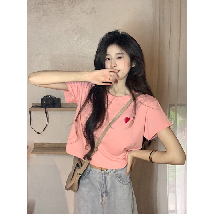 ☼℗﹍Suhao kaos import wanita kaos wanita gaya korea lengan pendek kaos pendek perempuan pink love embroidery pure cotton short-sleeved t-shirt women s summer small loose short section student age-reducing t-shirt top