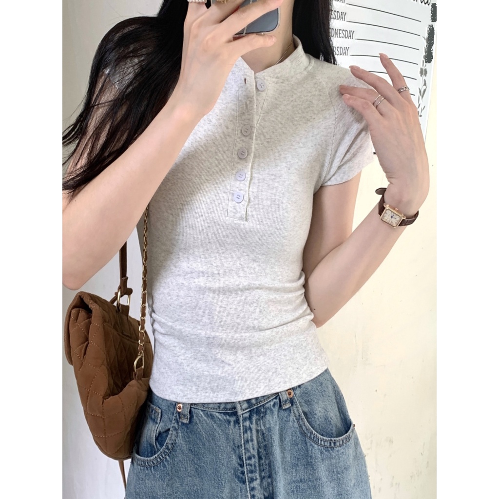 ﹍❏✺Suhao kaos import wanita kaos wanita gaya korea lengan pendek kaos pendek perempuan American retro bahu depan lengan pendek T-shirt wanita musim panas desain rasa ceruk katun raglan ketat lengan pendek atasan pendek