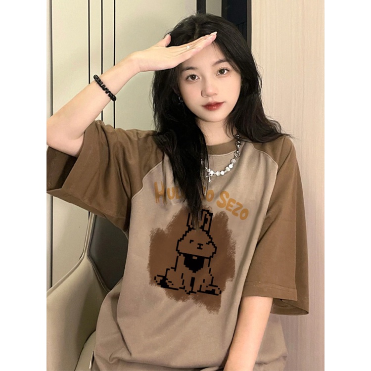 ♠☊Suhao kaos import wanita kaos wanita gaya korea lengan pendek kaos pendek perempuan American heavy brown raglan shoulder fake two-piece short-sleeved t-shirt summer rabbit splicing contrast color top design sense women