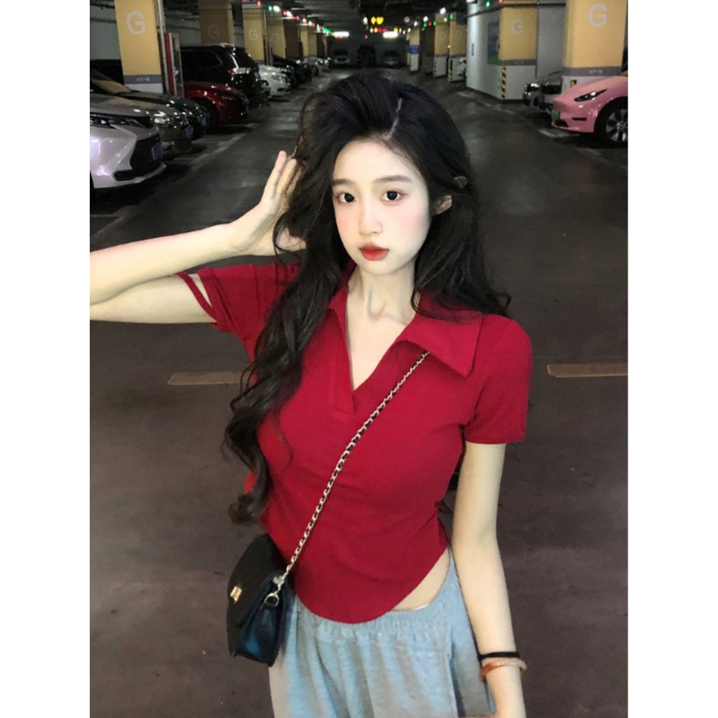 ▤♗☾Suhao kaos import wanita kaos wanita gaya korea lengan pendek kaos pendek perempuan irregular polo merah kerah depan bahu lengan pendek t-shirt wanita musim panas murni keinginan hot gadis slim fit ketat v-neck pendek top