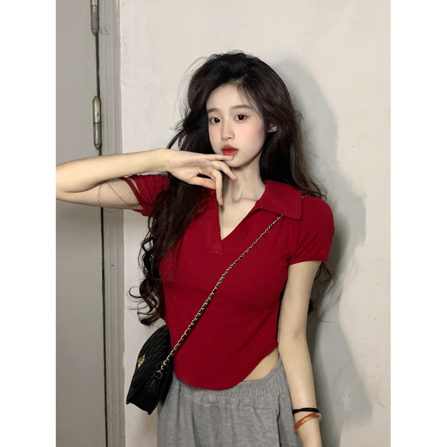 ▤♗☾Suhao kaos import wanita kaos wanita gaya korea lengan pendek kaos pendek perempuan irregular polo merah kerah depan bahu lengan pendek t-shirt wanita musim panas murni keinginan hot gadis slim fit ketat v-neck pendek top