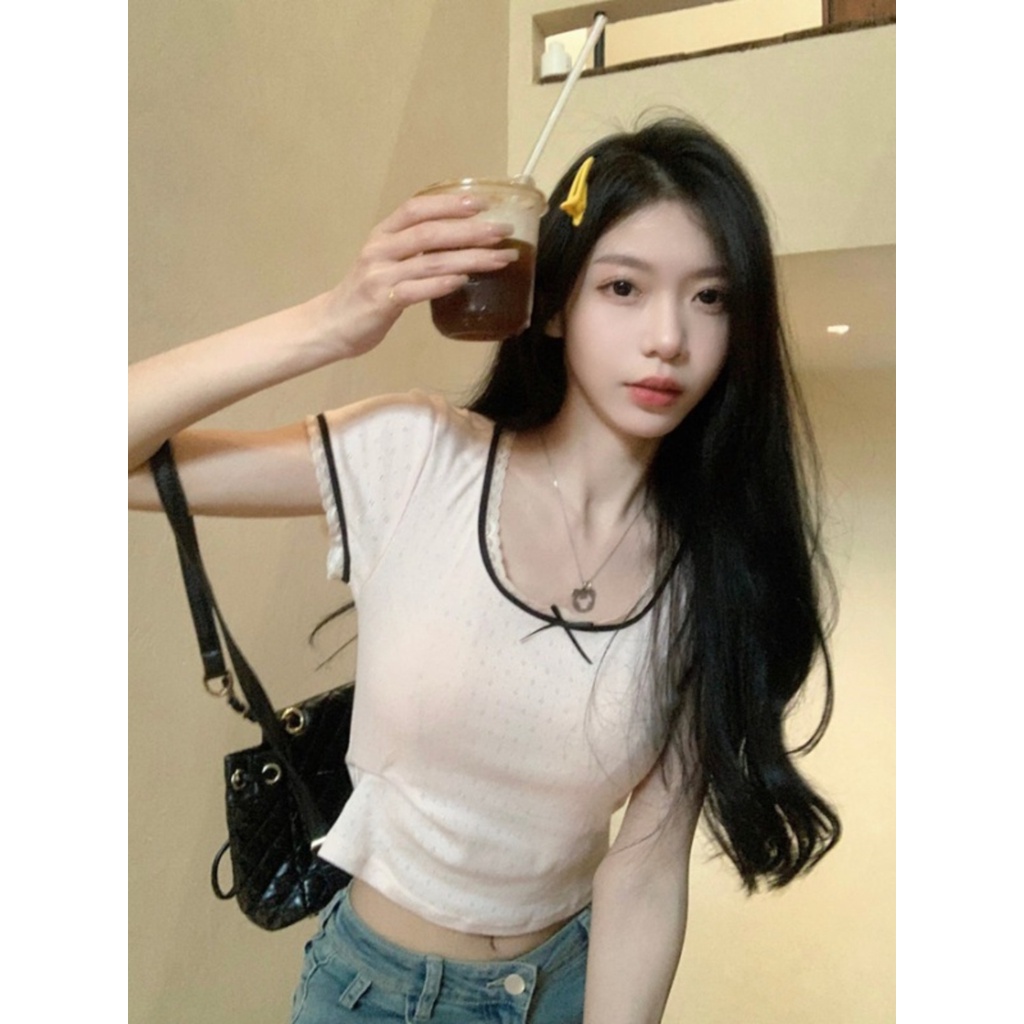 ┋▩Suhao kaos import wanita kaos wanita gaya korea lengan pendek kaos pendek perempuan hot girl u-neck front shoulder short-sleeve t-shirt women summer slim fit high waist bar umbilical short large collar collarbone top summer