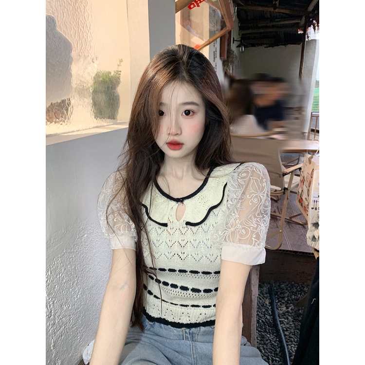 □Suhao kaos import wanita kaos wanita gaya korea lengan pendek kaos pendek perempuan gaya Perancis kecil wangi rajutan lengan pendek t-shirt wanita desain musim panas akal ceruk chic bahu depan puff lengan pendek