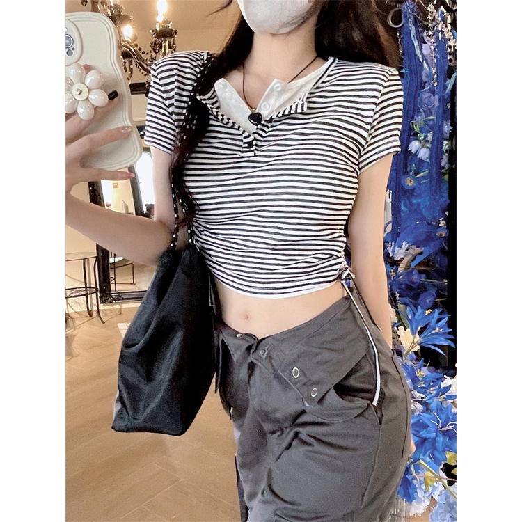 ◈Suhao kaos import wanita kaos wanita gaya korea lengan pendek kaos pendek perempuan fake two-piece striped front shoulder short-sleeve t-shirt women s summer design sense niche slim fit tight short sweet and spicy top