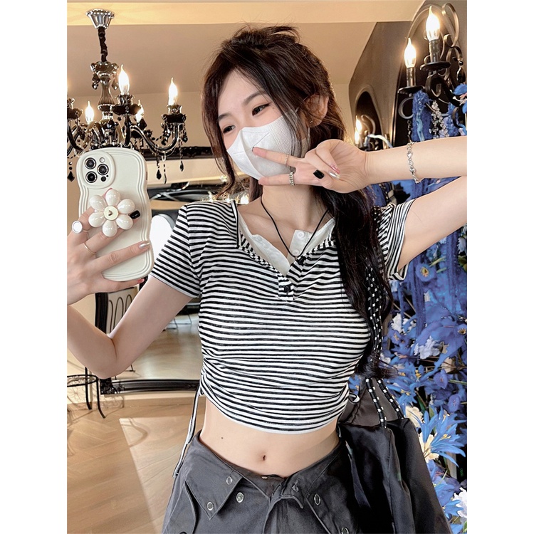◈Suhao kaos import wanita kaos wanita gaya korea lengan pendek kaos pendek perempuan fake two-piece striped front shoulder short-sleeve t-shirt women s summer design sense niche slim fit tight short sweet and spicy top