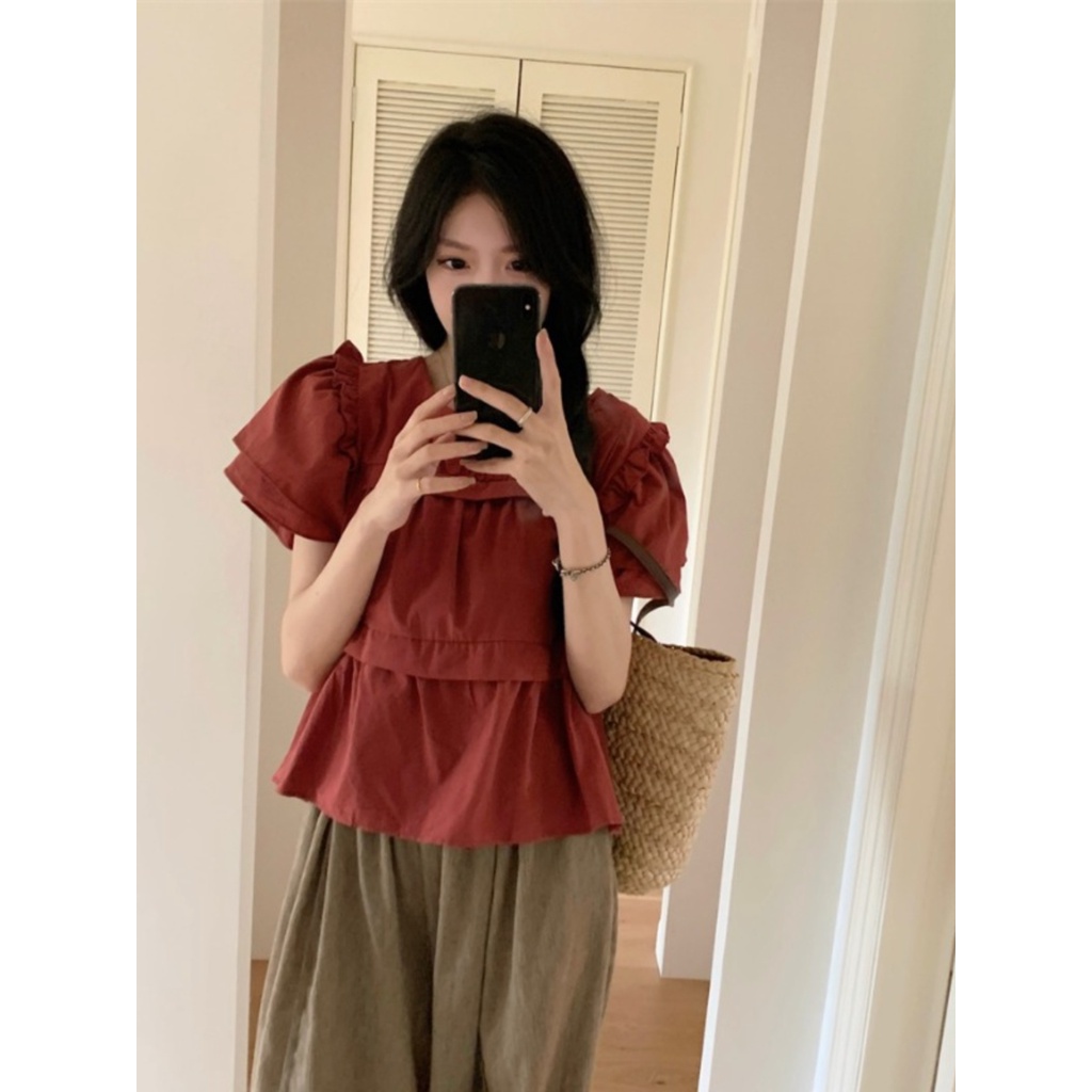 ☊✌☊Suhao kaos import wanita kaos wanita gaya korea lengan pendek kaos pendek perempuan kemeja lengan pendek wanita 2023 musim panas baru French sweet sweet age-reducing loose all-match doll shirt small flying sleeve top trendy