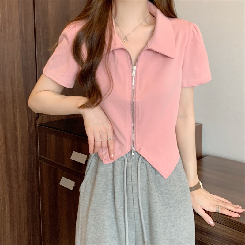 ♦♕Suhao kaos import wanita kaos wanita gaya korea lengan pendek kaos pendek perempuan polo collar double zipper hot girl pink short-sleeved t-shirt women s summer regular front shoulder slim fit and thin short top