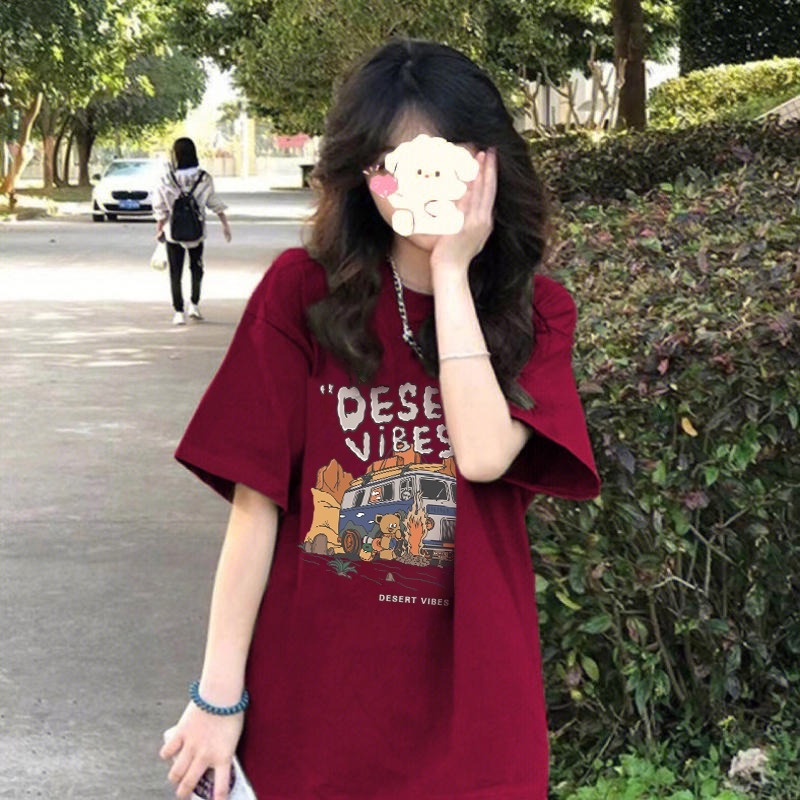 ♞Suhao kaos import wanita kaos wanita gaya korea lengan pendek kaos pendek perempuan katun lengan pendek t-shirt wanita musim panas 2023 baru Amerika retro longgar rasa desain ceruk bahu depan T-shirt