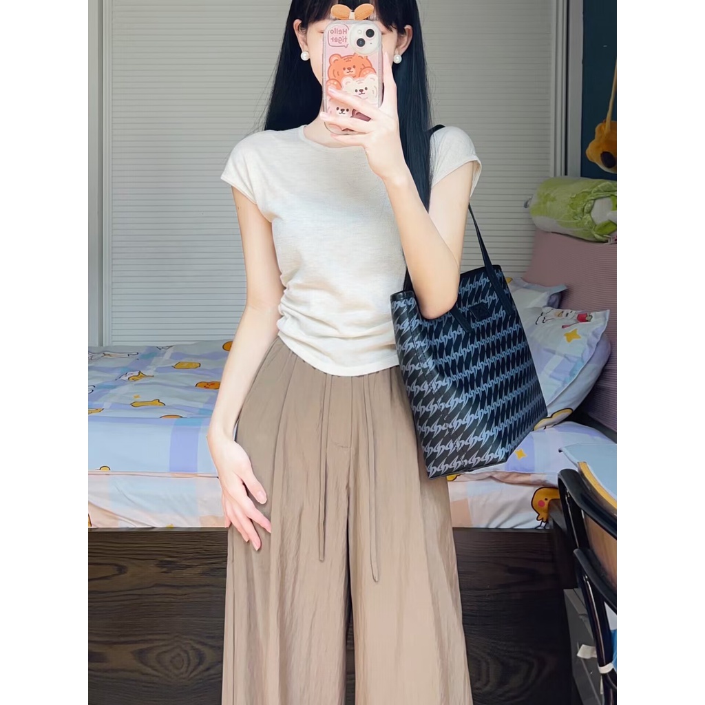 ℗☄►Suhao kaos import wanita kaos wanita gaya korea lengan pendek kaos pendek perempuan Irregular round neck small flying sleeves short sleeves front shoulder t-shirt women s summer hot girls pure cotton slim short top