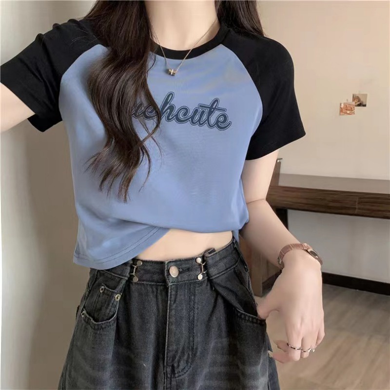 ✐Suhao kaos import wanita kaos wanita gaya korea lengan pendek kaos pendek perempuan American style retro contrast color raglan letter print front shoulder t-shirt short-sleeved women s summer short short cotton top