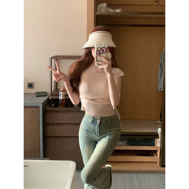 ▬▦Suhao kaos import wanita kaos wanita gaya korea lengan pendek kaos pendek perempuan basic white short-sleeved women s summer small sweet hot girl short high waist slim fit t-shirt thin knitted top