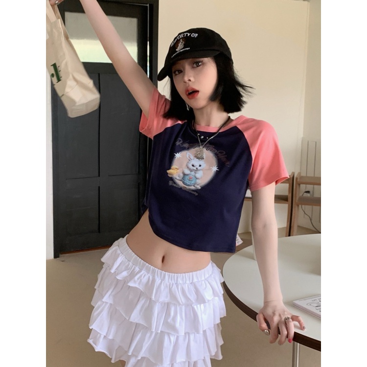 ☈✒Suhao kaos import wanita kaos wanita gaya korea lengan pendek kaos pendek perempuan American retro sweet hot girl short-sleeved t-shirt women s summer small short short section expose navel slim fit design sense top