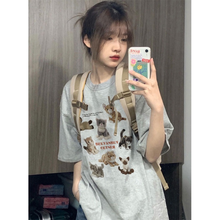 ☒Suhao kaos import wanita kaos wanita gaya korea lengan pendek kaos pendek perempuan putih abu-abu American style front shoulder short-sleeve t-shirt women s small summer 2023 new design sense niche half-sleeved top