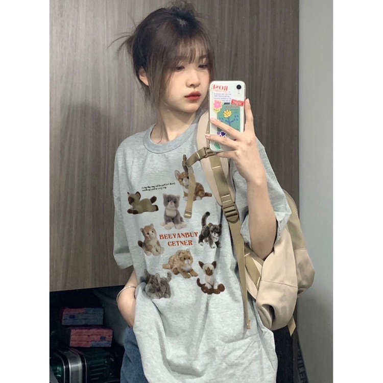 ☒Suhao kaos import wanita kaos wanita gaya korea lengan pendek kaos pendek perempuan putih abu-abu American style front shoulder short-sleeve t-shirt women s small summer 2023 new design sense niche half-sleeved top