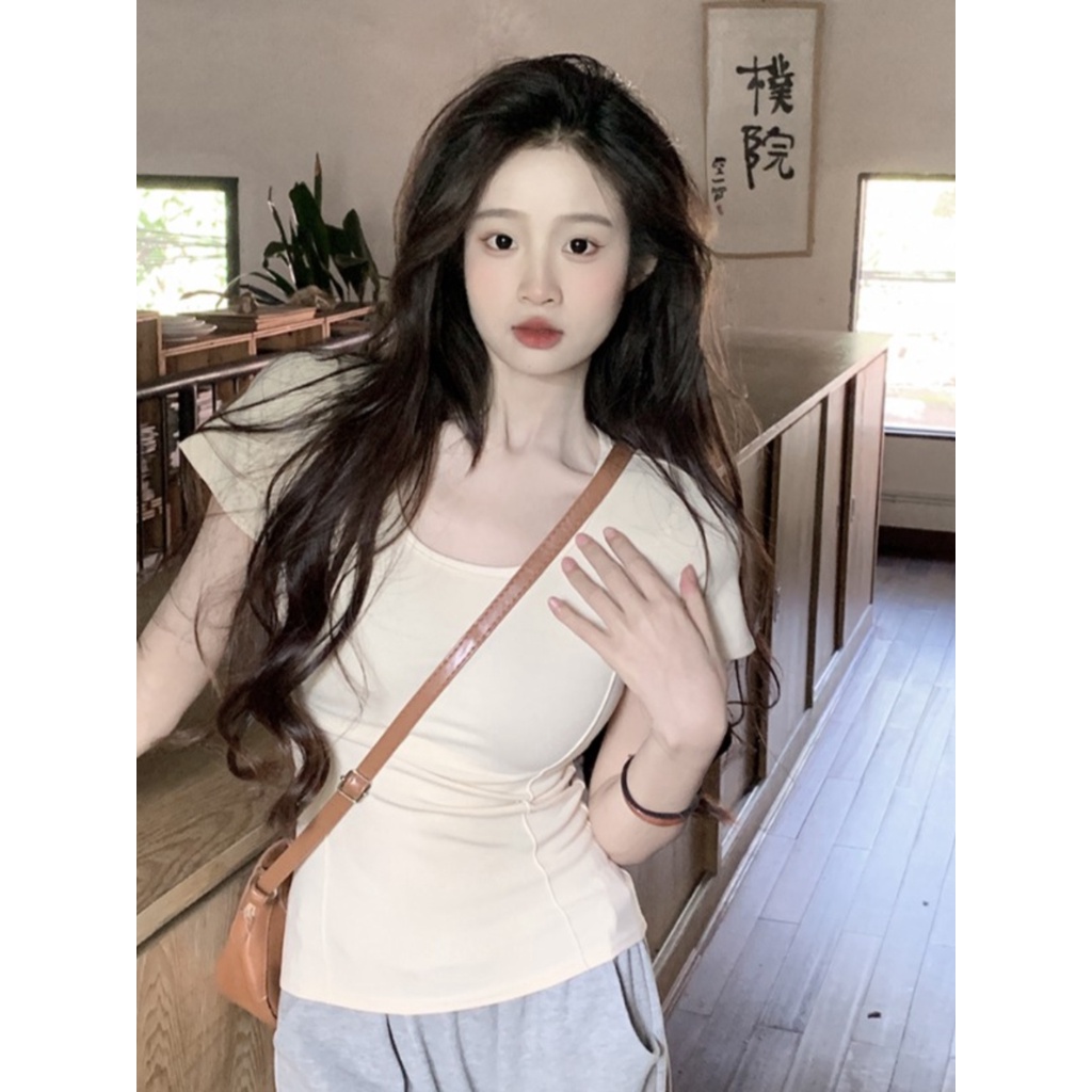 ♂▣Suhao kaos import wanita kaos wanita gaya korea lengan pendek kaos pendek perempuan hot girl pink u-neck large neckline front shoulder short-sleeve t-shirt women s summer pure desire style high waist slim fit tight short top