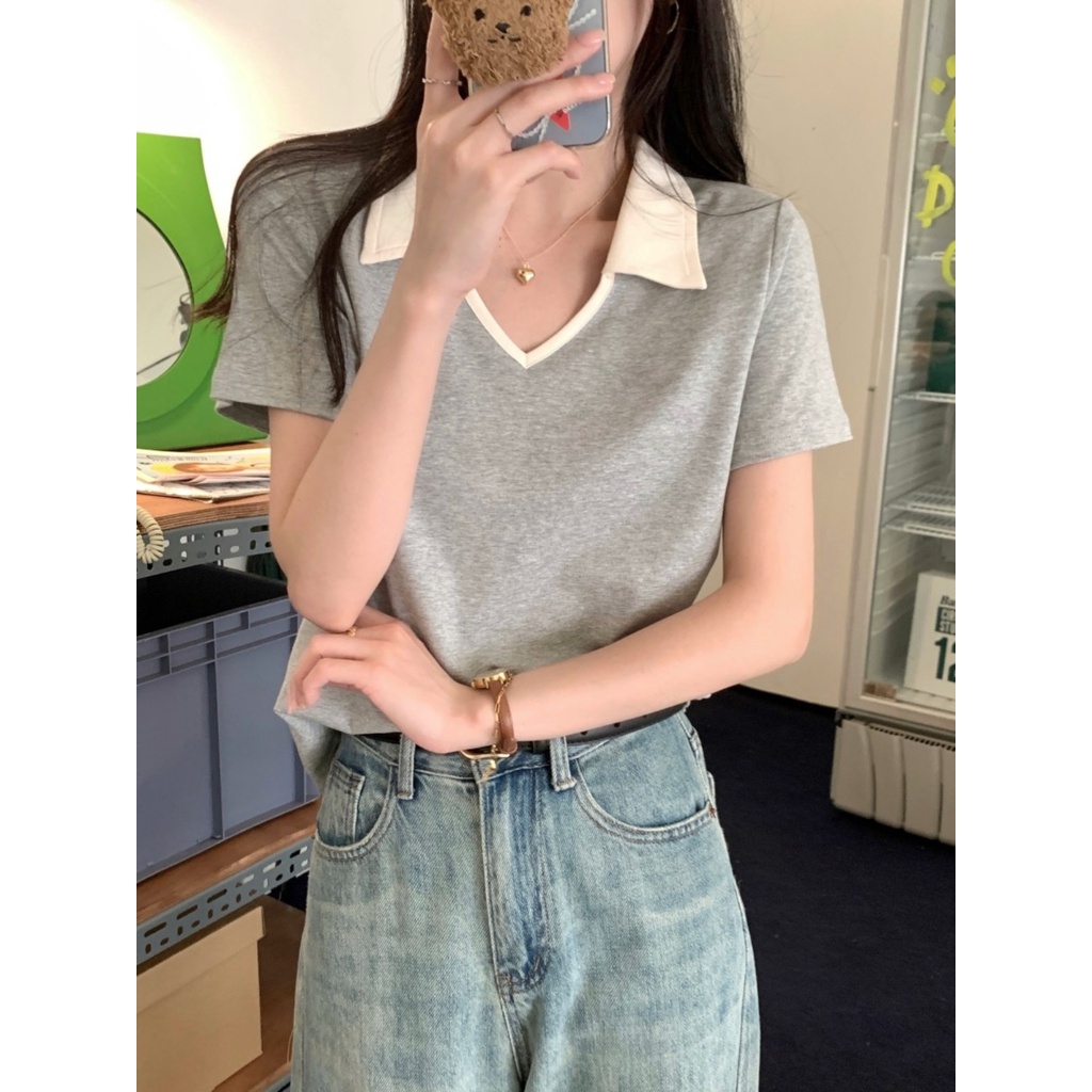 ☁Suhao kaos import wanita kaos wanita gaya korea lengan pendek kaos pendek perempuan abu-abu Polo kerah depan bahu lengan pendek T-shirt wanita musim panas rasa desain ceruk American loose slim cotton top ins