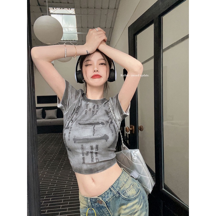 ❦✚✽Suhao kaos import wanita kaos wanita korean style lengan pendek kaos pendek perempuan American style retro grey tie-dye front shoulder short-sleeve t-shirt women s summer summer hot girl short tight slim fit top