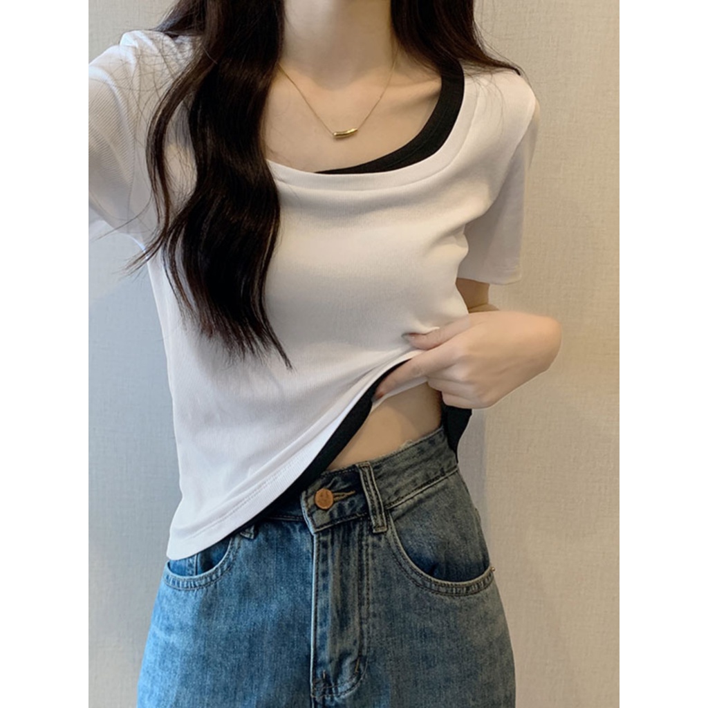 ✆✥Suhao kaos import wanita kaos wanita gaya korea lengan pendek kaos pendek perempuan jahitan warna kontras bahu depan lengan pendek t-shirt wanita musim panas chic palsu dua potong desain ceruk slim fit pendek in top