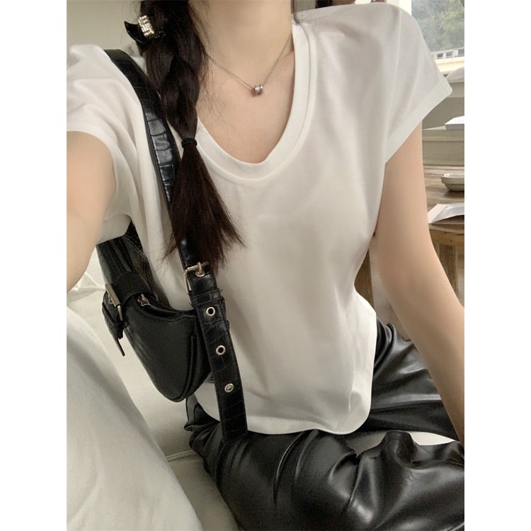 ☑♤☫Suhao kaos import wanita kaos wanita gaya korea lengan pendek kaos pendek perempuan Korean simple U-neck short-sleeve t-shirt women s summer new niche flying sleeves all-match loose thin short top thin