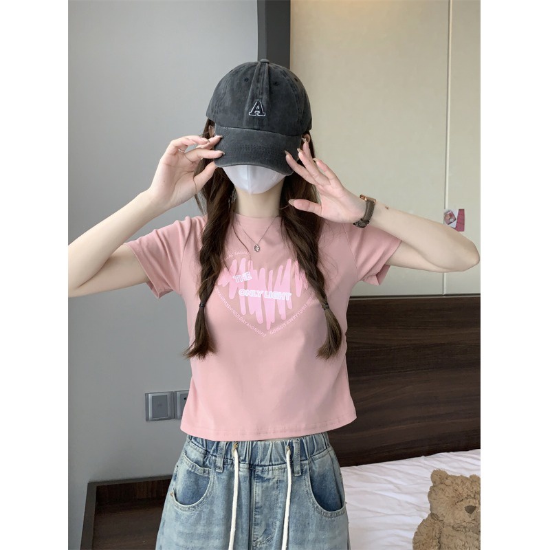 ↂↂ☇Suhao kaos import wanita kaos wanita gaya korea lengan pendek kaos pendek perempuan design sense love print lengan pendek T-shirt wanita musim panas 2023 versi Korea baru bm sweet and spicy high waist chic short top