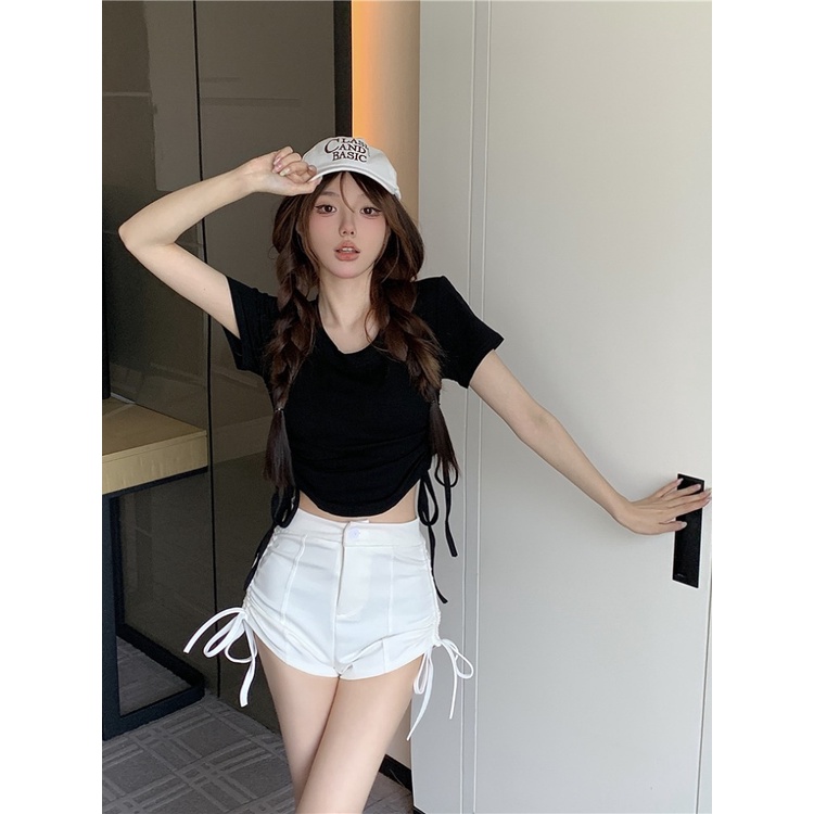 ✶⊕Suhao kaos import wanita kaos wanita korean style lengan pendek kaos pendek perempuan green front shoulder drawstring slim fit slim fit slim navel high waist short short-sleeve t-shirt women s tight summer pure desire top black