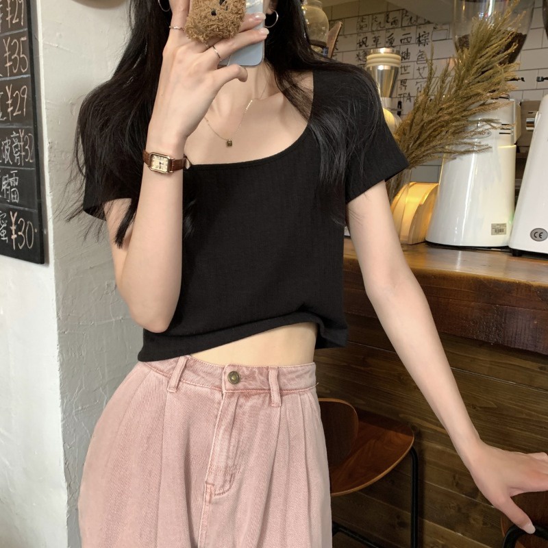 ▥❦Suhao kaos import wanita kaos wanita gaya korea lengan pendek kaos pendek perempuan aprikot ice silk square collar knitted shoulder short-sleeved T-shirt women s summer small man age-reducing collarbone t-shirt hot girl short top