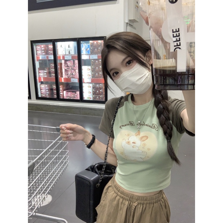 ◎◙Suhao kaos import wanita kaos wanita korean style lengan pendek kaos pendek perempuan hot girl pink stitching raglan sleeves rabbit short-sleeved t-shirt women s summer sweet and spicy slim fit navel short shoulder top