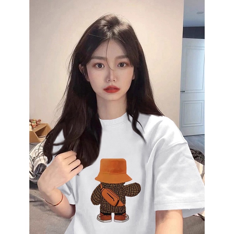 ►✕Suhao kaos import wanita kaos wanita gaya korea lengan pendek kaos pendek perempuan American retro t-shirt wanita musim panas katun murni longgar kartun cetak usia mengurangi lengan pendek trendi in plus ukuran slimming top