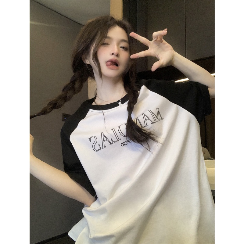 ▨◙☋Suhao kaos import wanita kaos wanita gaya korea lengan pendek kaos pendek perempuan leher bulat raglan bahu bahu depan lengan pendek wanita musim panas huruf cetak t-shirt longgar rasa desain niche American retro top