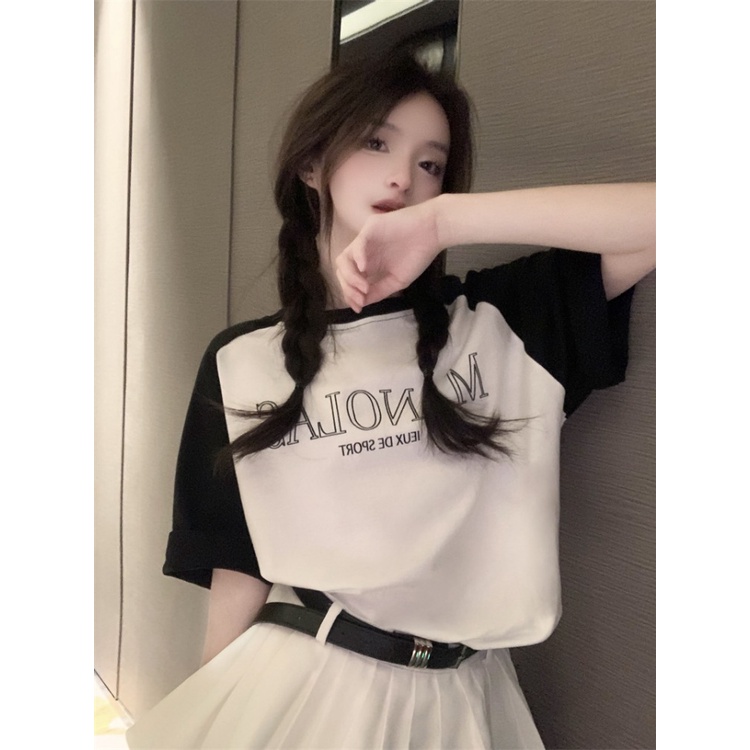 ▨◙☋Suhao kaos import wanita kaos wanita gaya korea lengan pendek kaos pendek perempuan leher bulat raglan bahu bahu depan lengan pendek wanita musim panas huruf cetak t-shirt longgar rasa desain niche American retro top