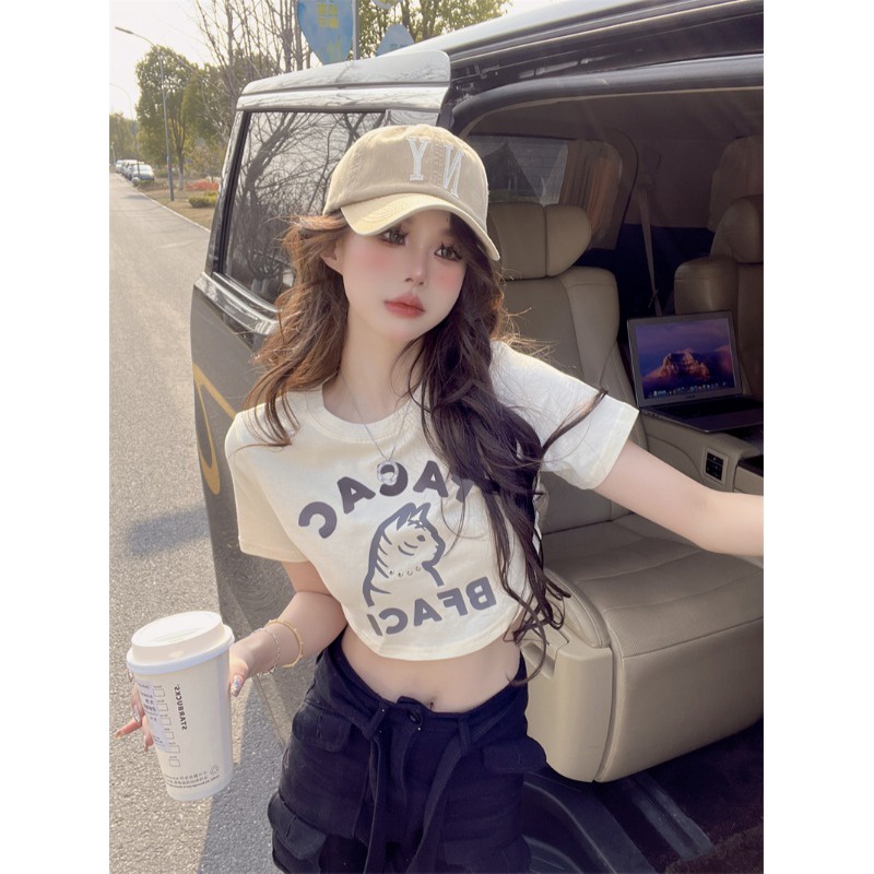 ☄Suhao kaos import wanita kaos wanita gaya korea lengan pendek kaos pendek perempuan summer pure desire irregular short-sleeved babes leaking navel short inner top women s design sense tight-fitting thin T-shirt