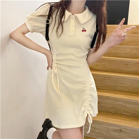 Red Cherry POLO lapel dress summer college milk sweet hot girl drawstring lipit waist small first love skirt