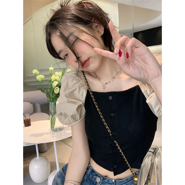 Red French square collar stitching short-sleeve t-shirt women s summer Japanese retro design sense niche chic puff sleeve short top