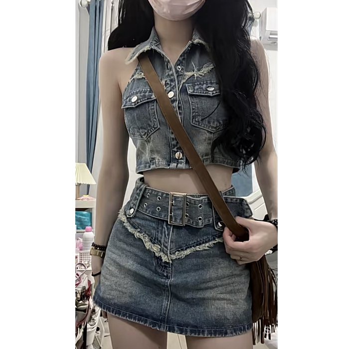 [✅BISA COD] #Sisjuly# Set dua potong wanita / atasan rompi pendek denim tanpa lengan vintage tanpa l
