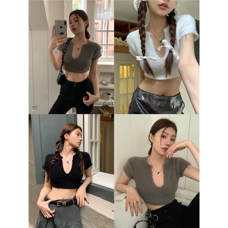 08#Tembakan Nyata Hemat Biaya Merasa KecilVAtasan Rajut Pendek Kerah