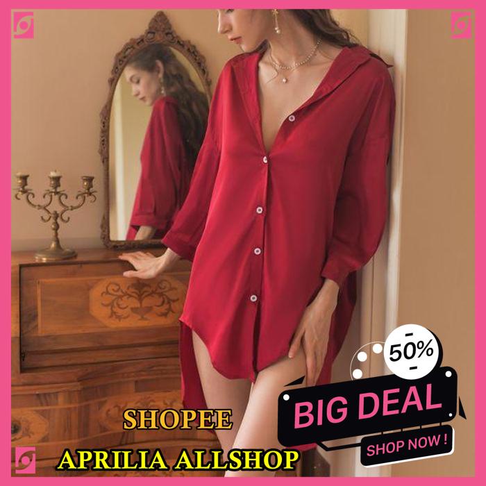 LINGERIE SEXY KEMEJA UKURAN JUMBO BAJU TIDUR WANITA PIYAMA SATIN LINGERIE SET A555 BAHAN BERKUALITAS