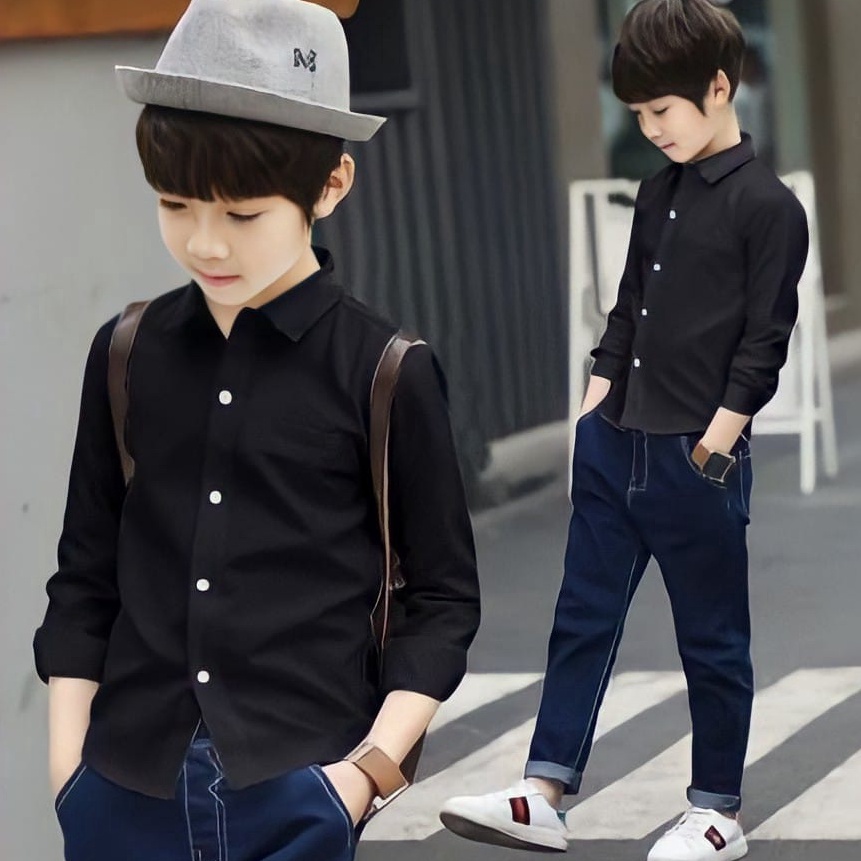 F♪1R.✉ Kemeja Polos Hitam Anak Laki Laki Lengan Panjang /Kemeja Anak Laki Lengan Panjang Polos / Baj