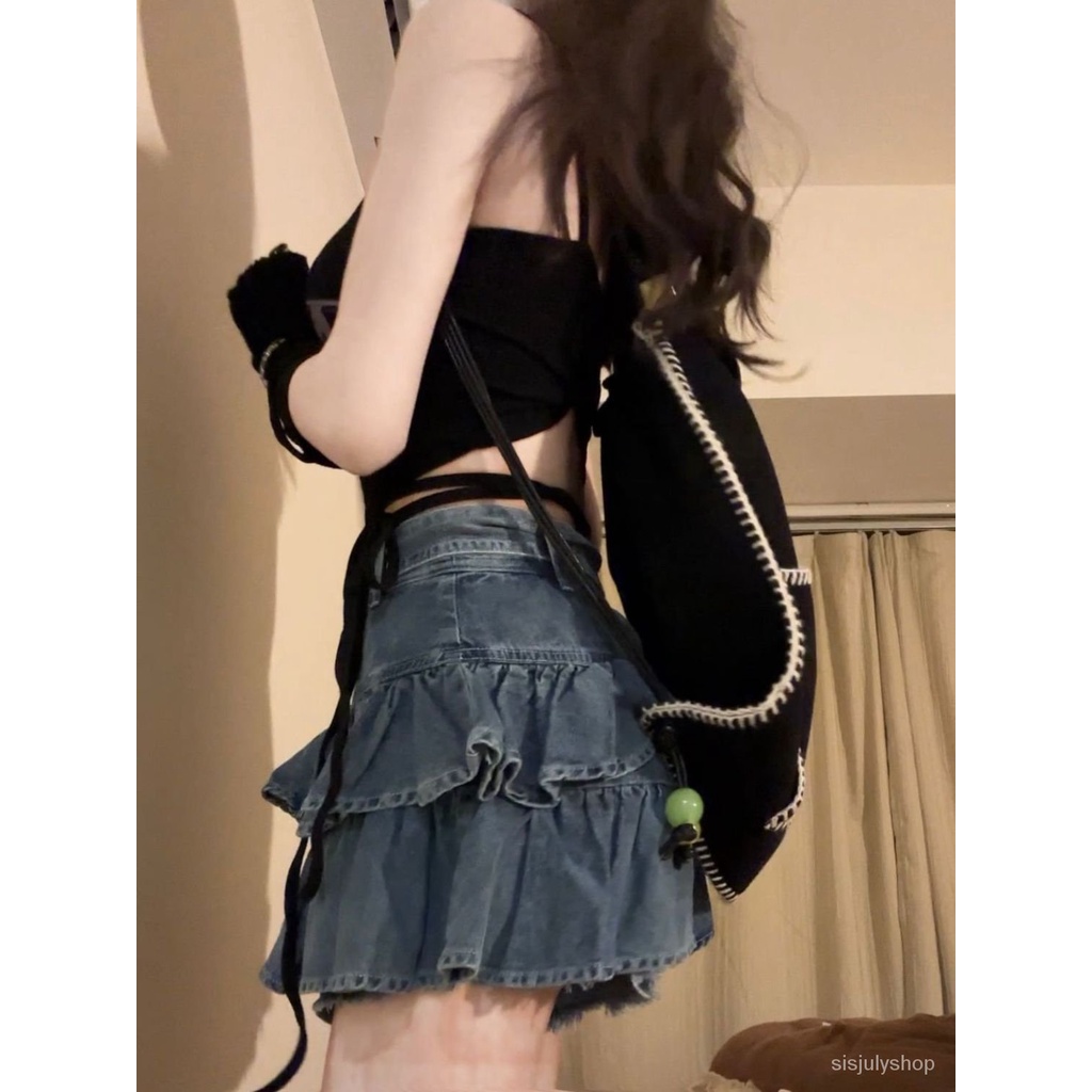 [✅BISA COD] #Sisjuly# Rok lipit wanita / rok denim pinggang tinggi wanita / rok lipit pinggul ruffle