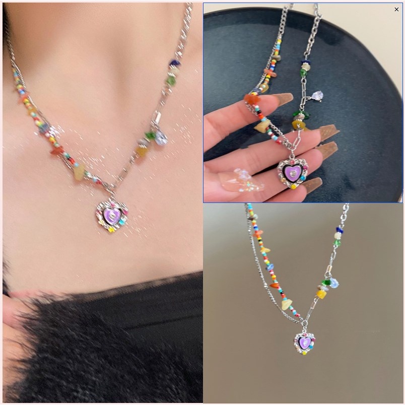 【Bayar di tempat】Fashion Manik-Manik Warna-Warni Rantai Perak Kalung Untuk Wanita Elegan Hati Liontin Kalung Perhiasan Aksesoris