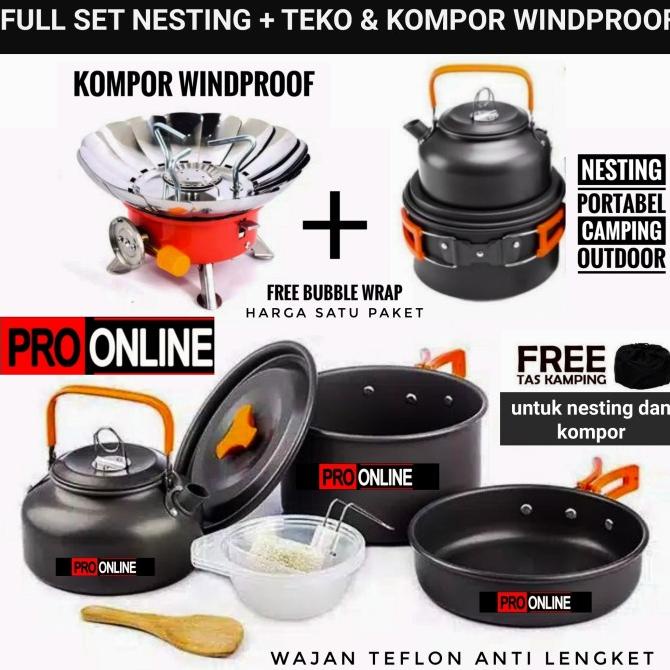 Nesting Teko & Kompor Windproof Kemping Gunung Cooking Set Camping