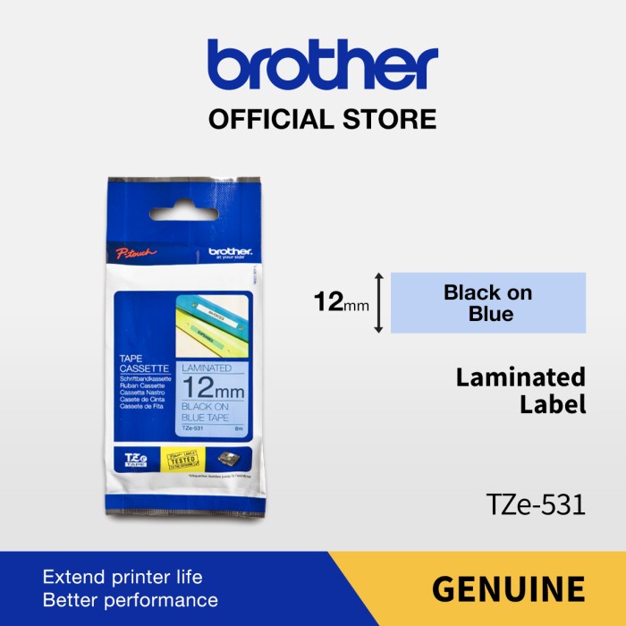 

Terlaris Brother Label Tape Tze-531 12Mm X 8M Laminated Tape Black On Blue