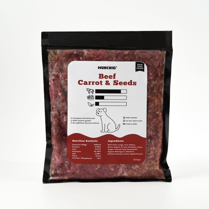 

Munchie Raw Dog Food - Makanan Anjing - Beef, Carrot & Seeds 500Gr