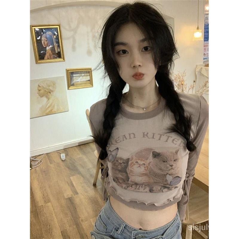 [✅BISA COD] #Sisjuly# Atasan Y2K wanita / T-shirt lengan panjang cetak retro Amerika yang berbentura