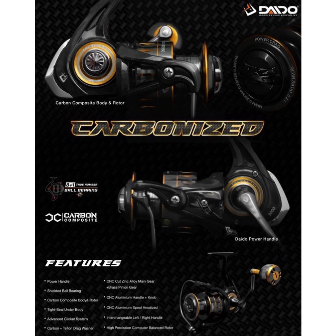 REEL DAIDO CARBONIZED UKURAN 800 SAMPAI 6000 POWER HANDLE