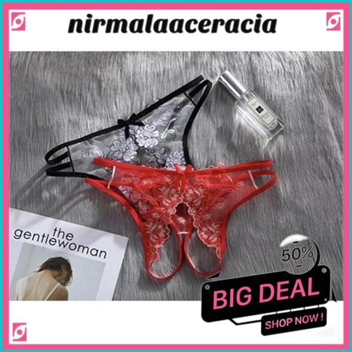 CELANA DALAM WANITA THONG SEXY OPEN CROTCH G STRING BUNGA TRANSPARAN LINGERIE SEKSI  