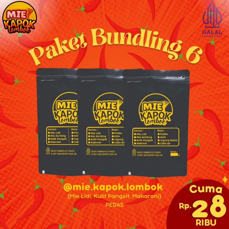 

PAKET BUNDLING 6 (Mie Lidi, Mie Keriting, Kulit Pangsit) Pedas Paket Murah.