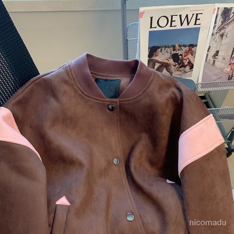 Nico##Jaket baseball kulit retro wanita musim baru jaket kasual longgar atasan/jaket korean style