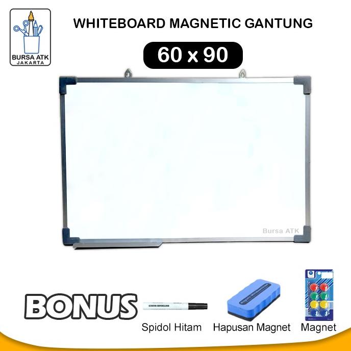 

Whiteboard Magnetic Gantung 60 x 90 Spidol HTM, Magnet, Hapusan