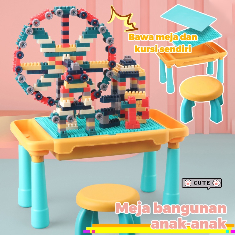 Holiven Meja Belajar Anak Multifungsi Mainan Rakitan Meja Bangunan yang Kompatibel dengan Lego Partikel Besar, Sedang dan Kecil, Meja Mainan Multifungsi Bayi Laki-laki dan Perempuan